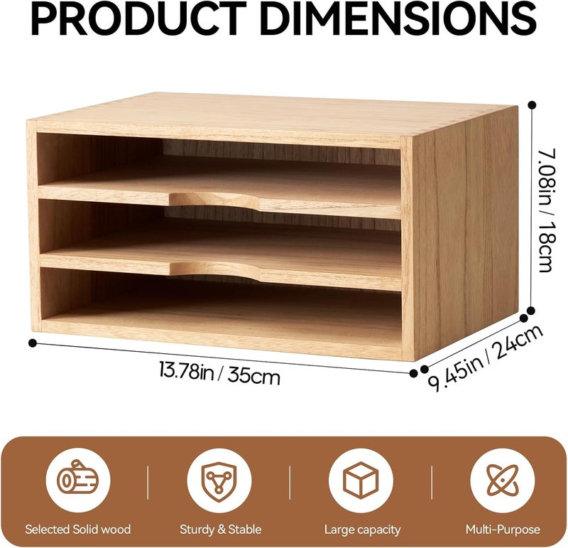 KIRIGEN Wooden Desktop Organizer Paper Storage Letter Tray File Sorter - Desk Rack Magazine File Dividers Holders for Home Office Accessories Wood Desk Cabinet with 3 Layer Trays Natural(3KWJG-NA) - Image 3